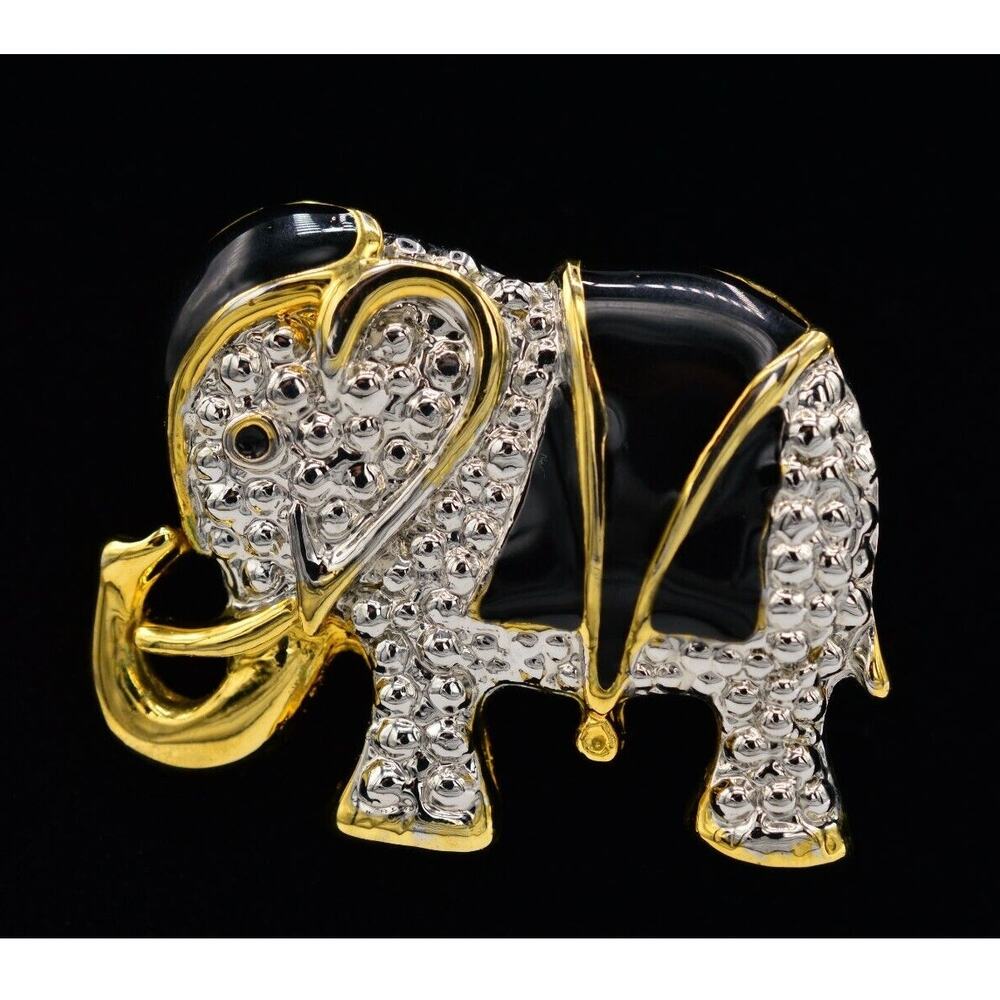 Vintage Elephant Pin Brooch Gold Rhinestone Crystal Enamel Black Gold 80s BinAC